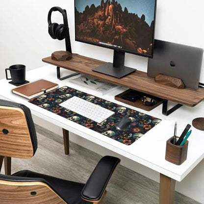 Desk Mat,Skulls with Flowers Large Gaming Mouse Pad XL,Skull Floral Desk Pad,Extended Big Computer Keyboard Mousepad with Non-Slip Base and Stitched Edges 31.5"x11.8" - color: Skulls With Flowers, size: XL-31.5"x11.8"