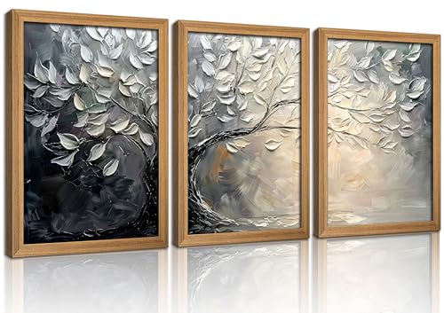 3Pcs Framed Abstract Leaf Canvas Wall Art，Modern Textured Tree Wall Decor, Minimalist Neutral Poster for Living Room Bedroom Bathroom Office - color: White, size: 16"L x 12"W