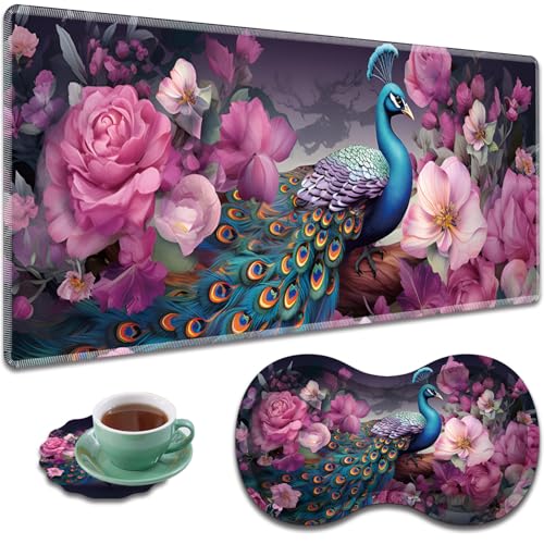 Large Gaming Mouse Pad + Mouse Wrist Rest Pad + Coaster Combination, 31.5 "x 11.8" Durable Non-Slip Extension Table Mat, Suitable for Office and Home, Peacock and Flowers - color: Peacock and Flowers