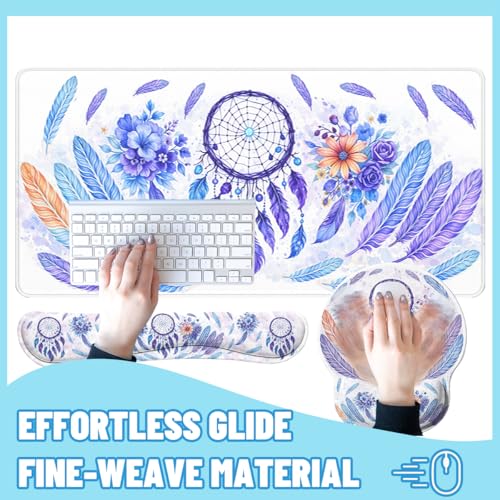 Boho Dreamcatcher Desk Mat Set Watercolor Purple Feather Floral Mouse Pad with Wrist Rest 4in1 Desk Mat for Desktop Ergonomic Computer Desk Arm Wrist Anti-Slip Computer Mouse Pad Home Office Gaming - color: Boho Dreamcatcher