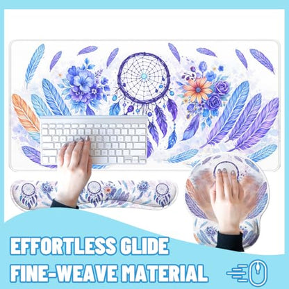 Boho Dreamcatcher Desk Mat Set Watercolor Purple Feather Floral Mouse Pad with Wrist Rest 4in1 Desk Mat for Desktop Ergonomic Computer Desk Arm Wrist Anti-Slip Computer Mouse Pad Home Office Gaming - color: Boho Dreamcatcher