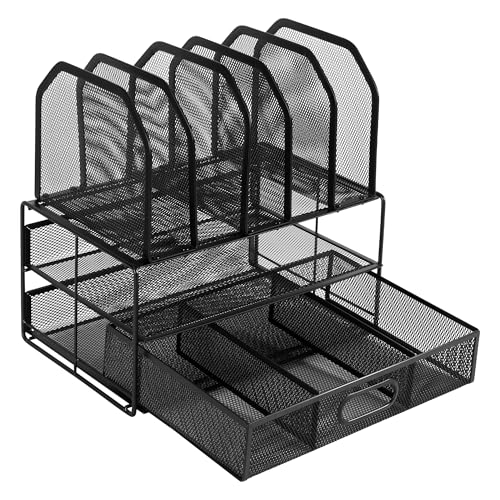 Amazon Basics Mesh Desk Organizer with Sliding Drawer, Double Tray and 5 Upright Sections, File Holder for Office Supplies, Paper Letter Tray, Black