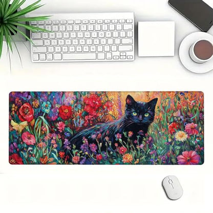 Black Cat Desk Mat Vibrant Wildflower Garden Colorful Fantasy Art XL Mouse Pad Large Mousepad Extended Laptop Keyboard Mat Gaming Desk Pad Mouse Mat 31.5x11.8 Inch - color: Black Cat