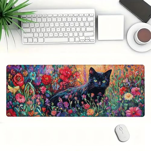 Black Cat Desk Mat Vibrant Wildflower Garden Colorful Fantasy Art XL Mouse Pad Large Mousepad Extended Laptop Keyboard Mat Gaming Desk Pad Mouse Mat 31.5x11.8 Inch - color: Black Cat