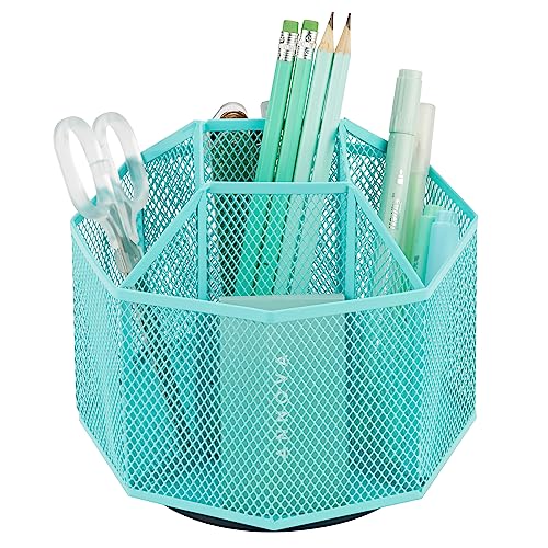 Annova Mesh Desk Organizer Rotate with 5 Compartments Spinning Tidy Candy/Pen Holder Office, Art Supply, Storage, Classroom, Home (Turquoise) - color: Turquoise