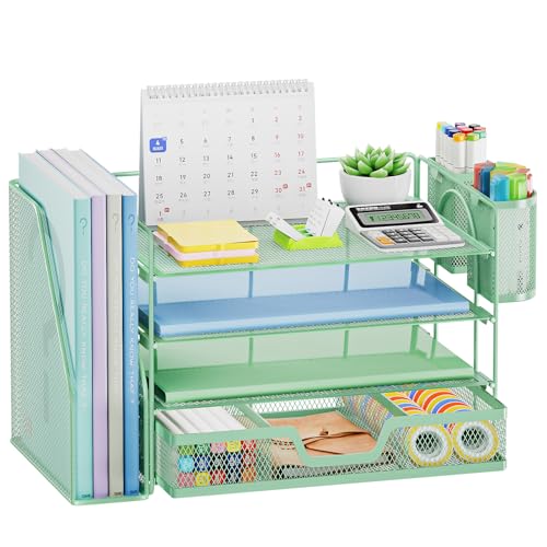 Marbrasse Desk Organizer and Accessories，4-Tier Paper Letter Tray Organizer with File Holder, Desk Accessories & Workspace Organizers with Drawer and 2 Pen Holder (Green, 15.4" x 9.1" x 8.3") - color: Green