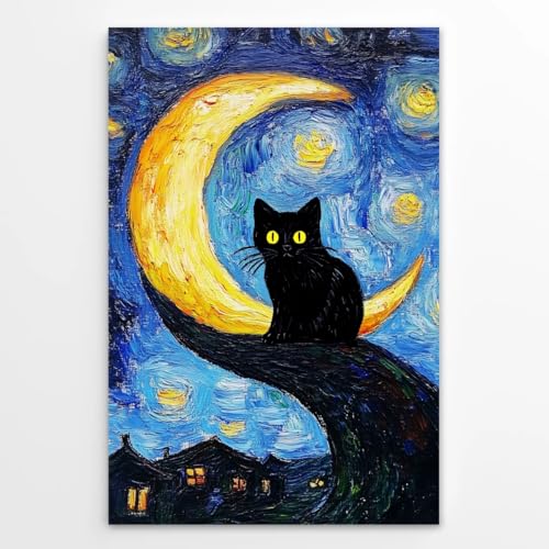 Funny Black Cat Wall Art Trendy Tree and Moon Oil Paintings Animal Poster Abstract Cat Floral Prints Posters Wall Decor Aesthetic for Farmhouse Gallery Bedroom 12x18inch Unframed - color: Antique cat - Unframed, size: 12"L x 18"W