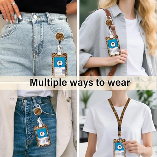 Leopard Badge Holder with Lanyard, Funny ID Badge Holder with Retractable Reel Clip and Keychain for Leopard Lovers, Vertical Identity Card Cover Case Protector for Nurse Teacher - color: Leopard-brown