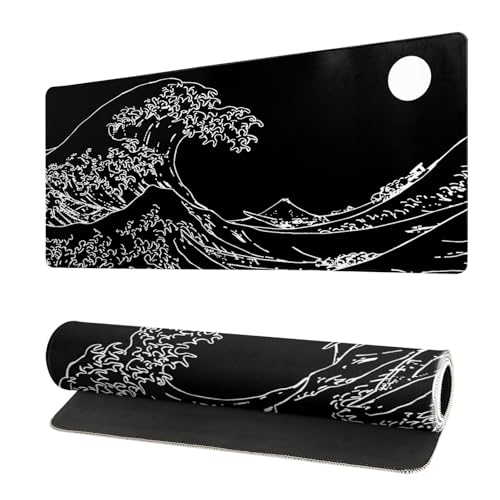 Japanese Sea Wave Gaming Mouse Pad 27.6x11.8 Inch Anime Black Large Mousepad Extended Kanagawa Mousepad Gaming Non-Slip Rubber Base Stitched Edges Keyboard Mouse Mat Desk Pad for Office Home Game - color: Black Wave of Kanagawa
