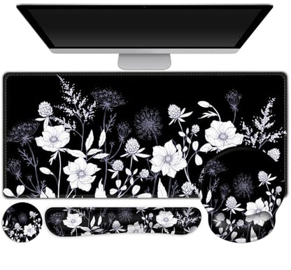Gaming Mouse Pad, Large Desk Mat, Cute Desk Pad Protector, 4in1 XXL Mousepad + Keyboard Wrist Rest+Mouse Wrist Rest+Coaster Set with Ergonomic Desk Pad for Home Office PC Computer, Black White Flowers - color: Black White Flowers