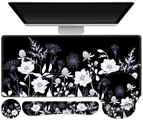 Gaming Mouse Pad, Large Desk Mat, Cute Desk Pad Protector, 4in1 XXL Mousepad + Keyboard Wrist Rest+Mouse Wrist Rest+Coaster Set with Ergonomic Desk Pad for Home Office PC Computer, Black White Flowers - color: Black White Flowers