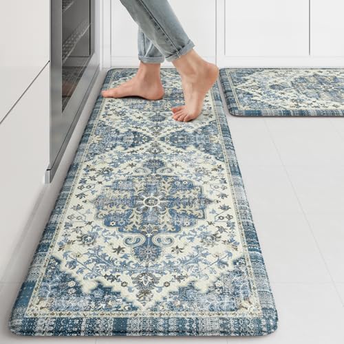 KIMODE Anti Fatigue Kitchen Mats, 17"x47"+17"x29" Boho Vintage Kitchen Rugs Sets of 2, Non Slip Kitchen Mats for Floor, Cushioned Kitchen Floor Mats for Sink Laundry Office Desk Blue Multi - color: Blue/Multi, size: 17.3" x 47"+17.3" x 29"--0.47 inches
