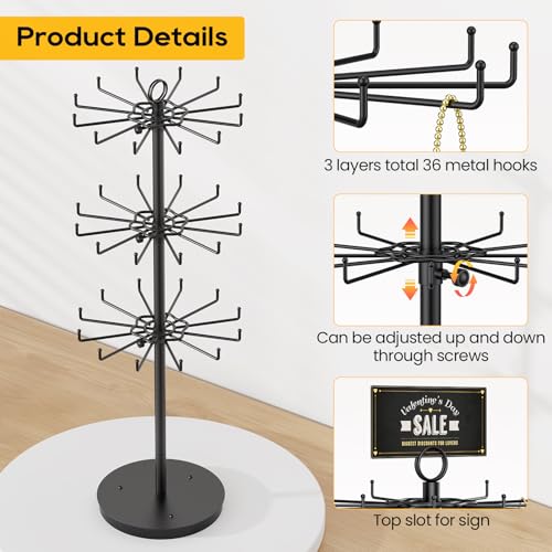 ORLESS 3 Tier Rotating Jewelry Display Stand, Keychain Display Stand with 36 Hooks, Black Metal Retail Display Spinning Holder for Vendor, Spinning Display Rack for Necklace Bracelet Earring Organizer - color: Black