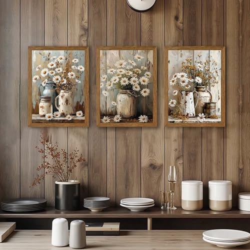 InspiredHues 3 Piece Vintage Floral Pictures Canvas Wall Art Nature Themed Daisy Artwork Prints Elegant Farmhouse Wall Decor for Living Room Bedroom Kitchen Home Decoration 12x16 Inch Wood Framed - color: Retro, size: 16"L x 12"W