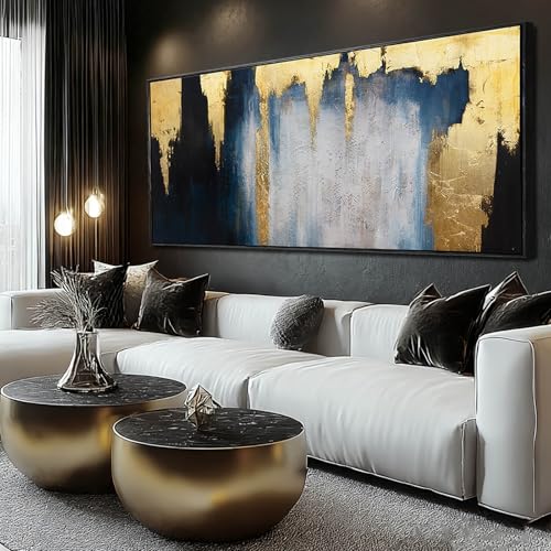 Modern Abstract Blue and Gold Framed Wall Art 32x70 Extra Large Canvas Painting Contemporary Artwork for Living Room Office Decoration - color: Blue and Gold, size: 70"L x 32"W