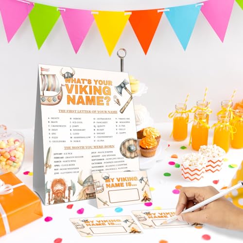 What's Your Viking Name Party Activity Cards, Viking Birthday Party Decor, Medieval Name Card Set with 1 Viking Name Sign and 30 Name Stickers, Party Table Decoration - style: Cow