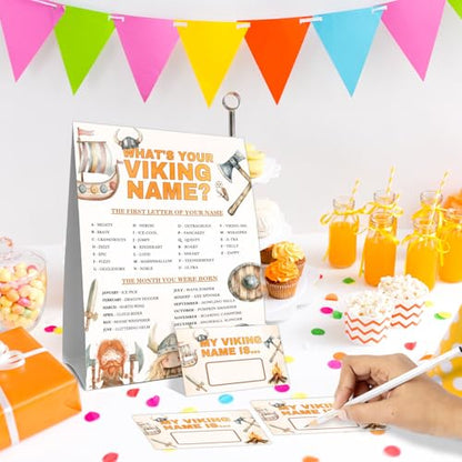 What's Your Viking Name Party Activity Cards, Viking Birthday Party Decor, Medieval Name Card Set with 1 Viking Name Sign and 30 Name Stickers, Party Table Decoration - style: Cow