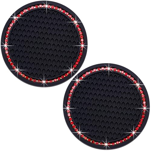2PCS Bling Cup Holder Coaster, 2.75 Inch Auto Car Cup Holder Insert Coasters, Soft Silicone Anti-Slip Shockproof, Universal Vehicle Interior Accessories for Women Girls (Black & Red) - color: Black & Red, size: 2 pcs
