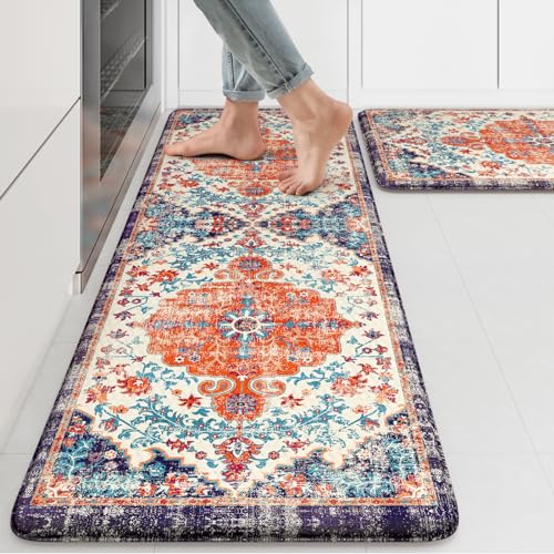 KIMODE Anti Fatigue Kitchen Mat, Boho Vintage Kitchen Rugs Sets of 2, Cushioned Non-Slip Kitchen Mats for Floor, Comfort Kitchen Floor Mats for Sink, Laundry, Desk Orange/Purple,17"x47"+17"x29" - color: Orange/Blue/Multi, size: 17.3" x 47"+17.3" x 29"--0.