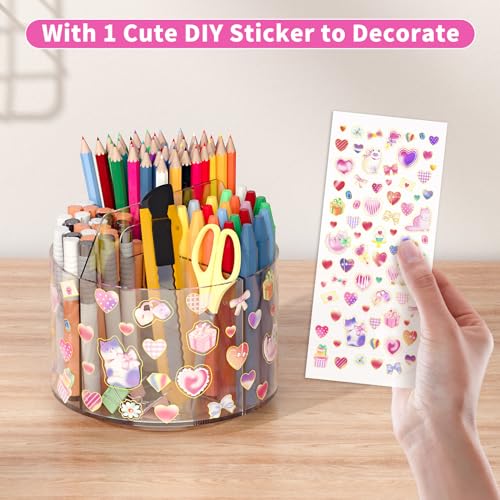 Wawocs Acrylic Pencil Organizer for Desk 4 Compartments with Adhesive DIY Sticker, Rotating Art Supply Organizer with Kawaii Sticker Kids, Spinning Round Marker Small Supply Caddy - size: Medium x1 sticker