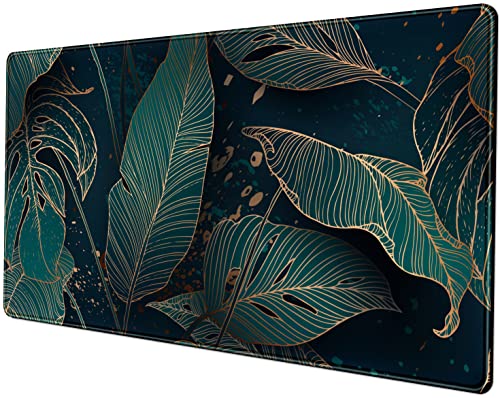 Desk Pad, Green Gold Palm Leaves Extended Gaming Mouse Pad Cute Large Desk Mat, Non-Slip Rubber Base Mousepad with Stitched Edges, Keyboard Mouse Mat Desk Pad for Game Office Home 31.5x15.75 in - color: Green Gold Palm Leaves