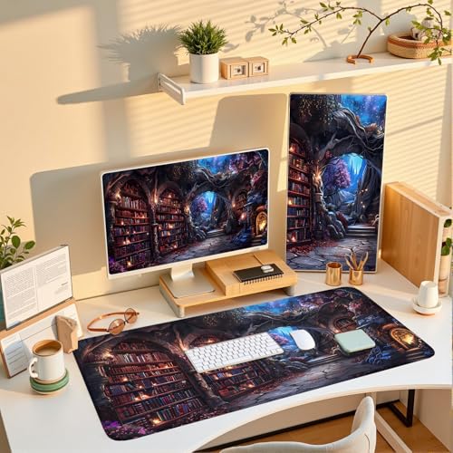 Dark Academia Desk Pad Library Desk Mat Witchy Mousepad XXL Large Gaming Mouse Mat for Office,Computer,Keyboard,Laptop and Home Desk Pad 31.5 X 15.7inch - color: A5- Mystic Library