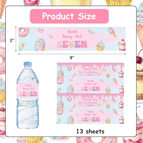 Donut 7th Birthday Decorations For Girls, 52Pcs Sweet Sassy And Seven Water Bottle Labels Donut And Ice Cream Party Wraps, Candy Theme Drink Stickers For Birthday Table Setup And Party Favors