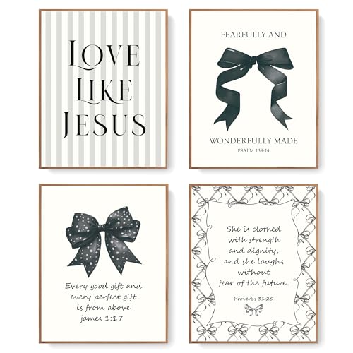 LARTSFRO Coquette Black Bow Jesus Wall Art Decor Posters, Black Bow Room Christian Bedroom Bathroom Wall Art Decor Aesthetic for Teen Girls College Gifts, Inspirational Bible Verses Bow Wall Decor, 10x8 Inch Set of 4 Bow Pictures(UNFRAMED) - color: black