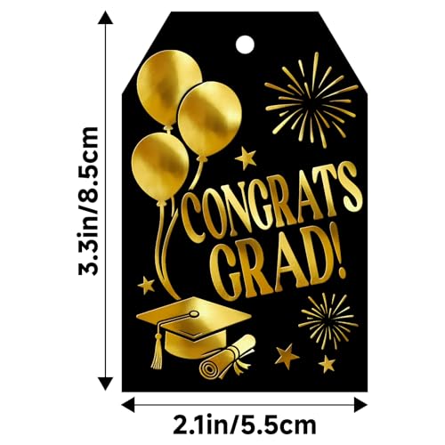 G2PLUS Graduation Gift Tags - 50Pcs Black Gold Foil Congrats Grad Tags with String for Class of 2026 Graduation Party Favors - style: Graduation - Black Gold