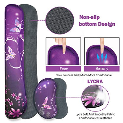 ARTSO Large Gaming Mouse Pad, Keyboard Wrist Rest Pad & Wrist Support Mousepad Set, Stitched Edge, Extended, Non-Slip Base, Memory Foam Desk Mat for Office, Home, Purple Heart Butterfly - color: Purple Heart Butterfly