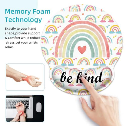 Ergonomic Mouse Pad with Wrist Support,Inspirational Be Kind Rainbow Mouse Pad with Wrist Rest,Relieve Wrist Pain Mousepad Non-Slip Rubber Base,Mouse Pads for Desk,Computers,Laptop,Office,Accessories - color: Inspirational Be Kind Rainbow