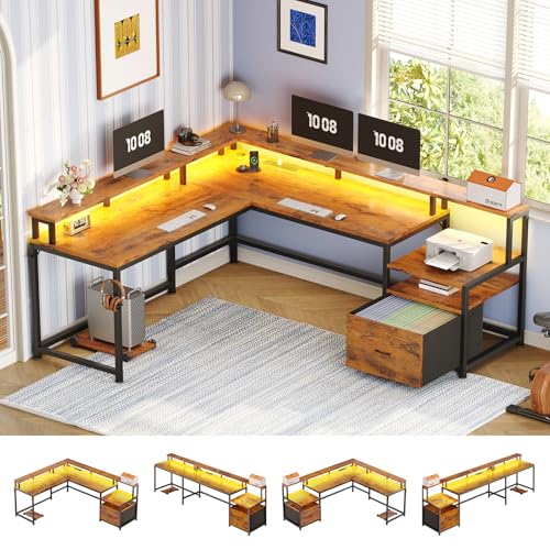 SEDETA 66" L Shaped Desk with Power Outlet, Reversible Home Office Computer Desk with File Drawer & Monitor Shelf, Storage Shelves, LED Lights, Rustic Brown for Corner Small Spaces - color: Rustic Brown