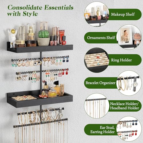 Keebofly Wall Mounted Jewelry Organizer with 2 Tired Shelves & Ring Holder- Jewelry Holder Wall Storage Display for Earrings, Necklace, Bracelet in Bathroom Bedroom, Black - color: Black with 2-Tiered Shelf and Ring Holder