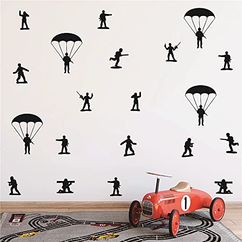 Home Interior Kids Room Armyman Soldiers Paratroopers DIY Wall Decor Stickers Parachute Wall Decal for Teens Bedroom Living Room Decor Poster AFN104 (Black) - color: Black