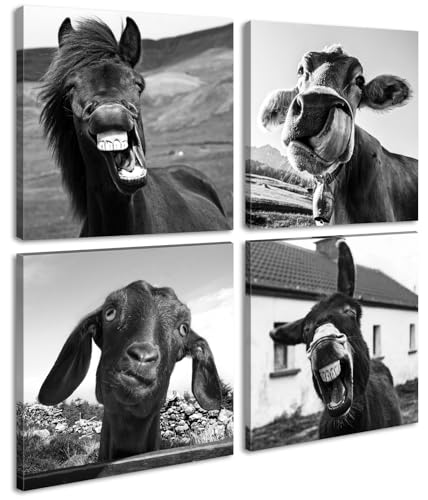 Black and White Wall Art Animal Wall Decor Horse Donkey Sheep Cow Canvas Pictures Prints Funny Decor Posters for Mens Bedroom Office Farmhouse Decoration Stretched Framed Ready to Hang 12×12 inch×4 - color: Artwork-a09