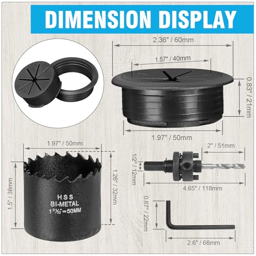 2" Black Desk Grommet, JTemgle Flexible Cable Grommet with Bi-Metal Hole Saw Plastic Cable Hole Cover Wire Organizer Caps Desktop Cord Management for Home Office TV Stands Tabletops, 7 Pieces - color: Black