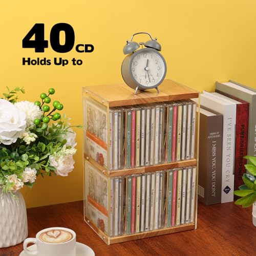Rainmae CD Holder Desk Rack Organizer, Wooden CD Holder Stand, CD Storage Rack, Game Disc Display CD Organizer Desk Stand Protection Storage Cube, Fit for Theatre Room Collectibles Holds 40 CD Case - size: M
