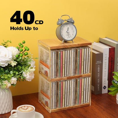 Rainmae CD Holder Desk Rack Organizer, Wooden CD Holder Stand, CD Storage Rack, Game Disc Display CD Organizer Desk Stand Protection Storage Cube, Fit for Theatre Room Collectibles Holds 40 CD Case - size: M