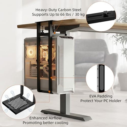 Adjustable Under Desk PC Mount, Clamp & Drill CPU Holder, 66LBS Capacity with Anti-Fall Baffle & Anti-Slip Pads for Standing Desk, Black