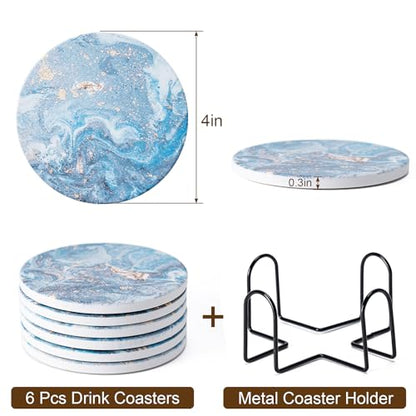 Hoewina 6Pcs Drink Coasters with Holder, Marble Style Ceramic Drink Coaster, Absorbent Coasters Set Suitable for Kinds of Cups, Modern Style Coaster for Coffee Table, 4 Inches（Style 9） - color: Style 9