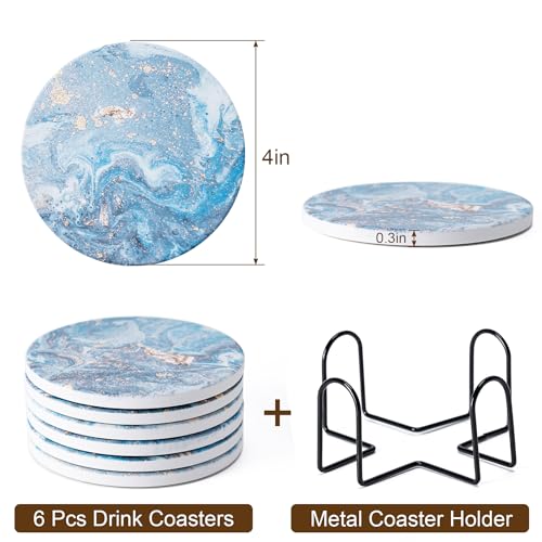Hoewina 6Pcs Drink Coasters with Holder, Marble Style Ceramic Drink Coaster, Absorbent Coasters Set Suitable for Kinds of Cups, Modern Style Coaster for Coffee Table, 4 Inches（Style 9） - color: Style 9
