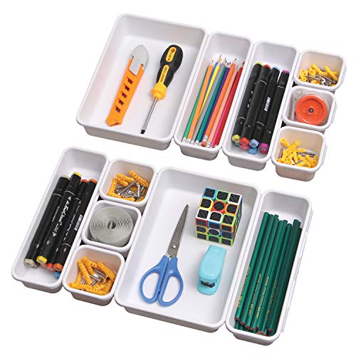 Set of 12 Interlocking Desk Drawer Organizer Tray Dividers Plastic Shallow Narrow Drawers Organizers Separators Storage Bins Container for Kitchen Bathroom Makeup Office Vanity Bedroom Dresser White - color: White