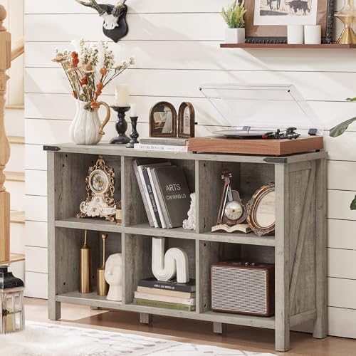 Joaxswe Farmhouse 6 Cube Bookshelf, Rustic Grey Oak Wooden Storage Organizer Book Shelf, 47 Inch Cubby Hallway Bookcase, Kids Toy Storage Cabinet, Modern Open Book Case for Living Room, Hallway - color: Grey Oak, size: 6 Cube (13.6"D x 47.24"W x 29.7"H)