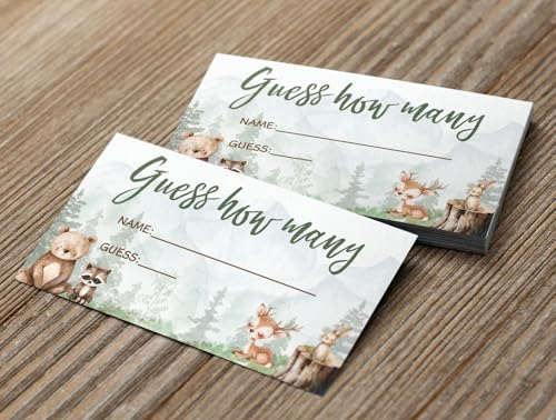 Printed Party Baby Shower Games – Woodland Adventure Candy Jar Guessing Game, Forest Animal Theme, 30 Guess How Many Cards & Matching Display Sign - color: Woodland Adventure