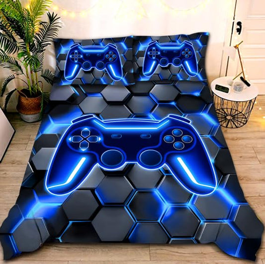 NTBED 3D Gaming Comforter Set for Boys Kids Teens,5pcs Gamer Bedding Sets with Sheet,Game Console Bed in a Bag (Blue, Full) - color: Navy, size: Full