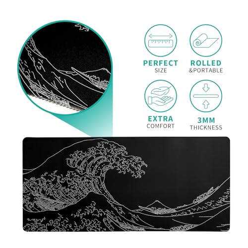 Japanese Sea Wave Large Mouse Pad Abstract Black Mouse Pad 31.5x11.8 Inch Black Kanagawa Texture Non-Slip Rubber Base Large Ocean Mousepad Stitched Edge Keyboard Mouse Mat Desk Pad for Office and Home - color: Japanese Sea Wave1
