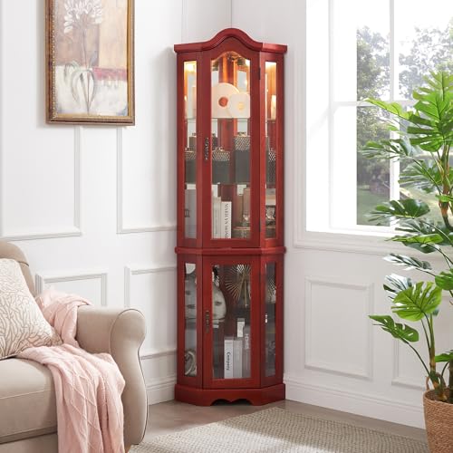 70" Lighted Corner Curio Cabinet,Inside Mirror Corner Glass Display Case with Tempered Glass Door for Living Room, Antique Collectibles, Wine & Bar Glass Storage, Lights Included - color: Cherry, size: Style-D