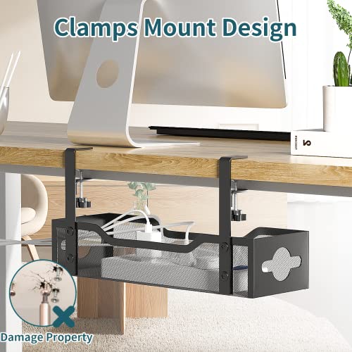Under Desk Cable Management Tray No Drill, Metal Mesh Cable Management Under Desk with Clamp Mount, 2 Hole Cable Tray with Wire Management and Cord Organizer for Home Office Standing Desk - color: Black, size: 13.38"