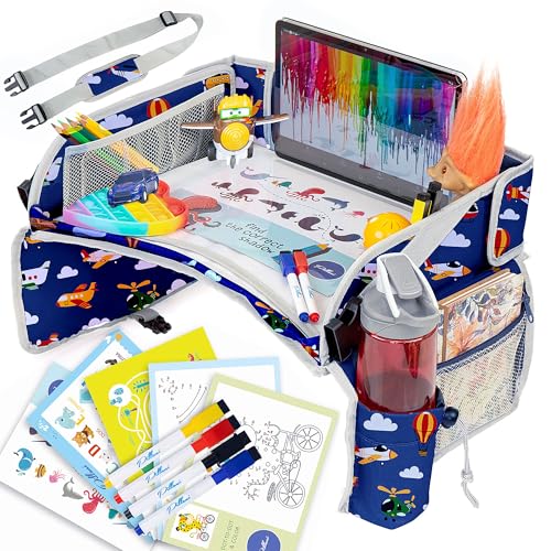 PILLANI Kids Travel Tray for Car - Toddler Airplane Travel Essentials w/ Activity Sheets, Pens & Dry Erase Board - Kids Travel - Must Have Toddler Lap Desk Organizer for Airplane - Travel Accessories - color: Airplane