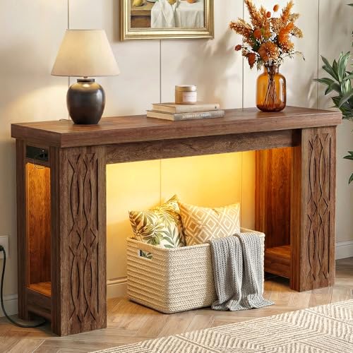 Cyclysio 47" Console Table with Outlet, Farmhouse Entryway Table with Colorful LED Lights, Wooden Sofa Table with Unique Carved Design, Foyer Accent Table for Entrance, Hallway, Living Room - color: Rustic Oak, size: 47 Inch
